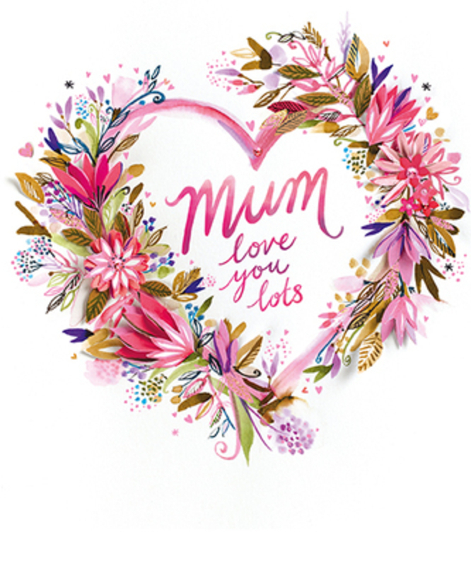 This Mothers Day greetings card from Paper Rose has a pretty floral heart with MUM Love You Lots written on the front. The card is perfect to send to someone to celebrate Mothering Sunday.  It has Happy Mothers Day written on the inside and comes complete with a pink envelope.